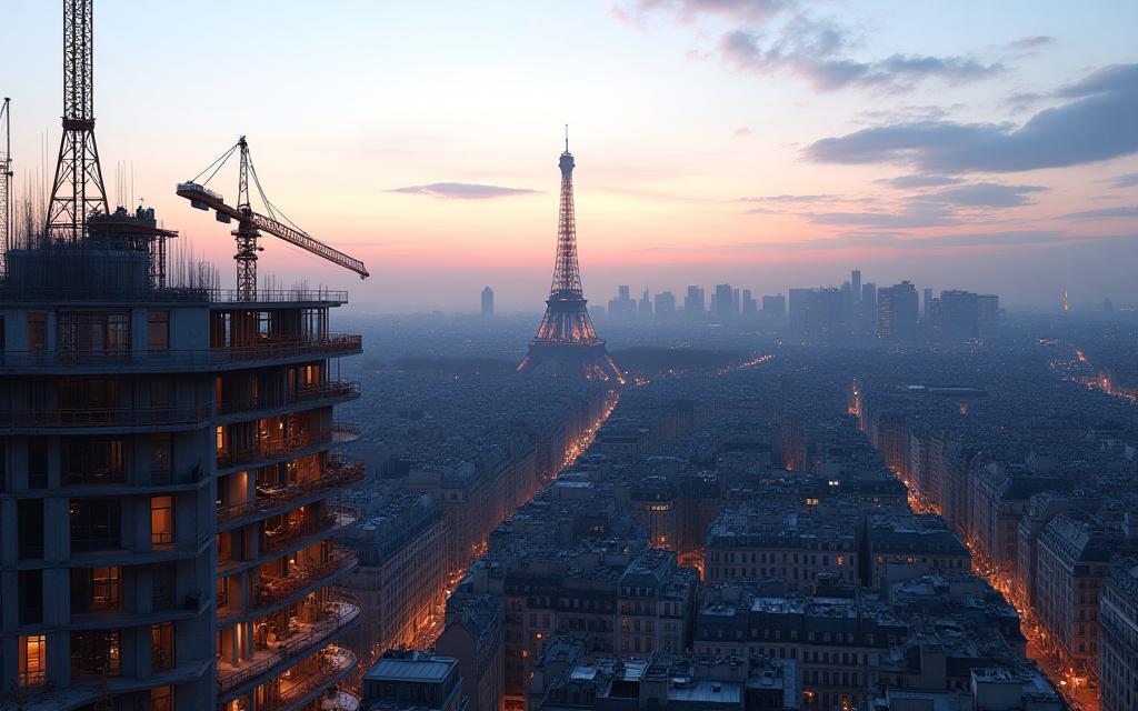 Vue du ciel d'un chantier de construction moderne à Paris avec la Tour Eiffel en arrière-plan, ambiance crépusculaire.