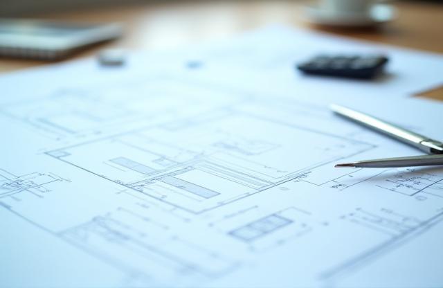 Image de plans de bâtiment et d'outils de mesure sur une table, dans une lumière de bureau.