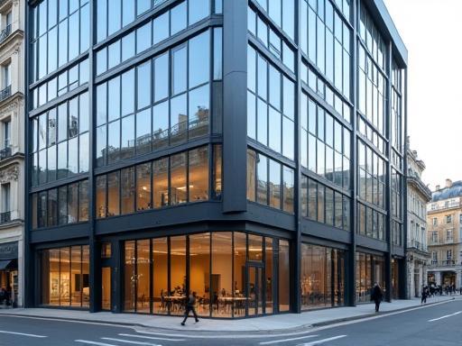 Photo d'un immeuble de bureaux moderne avec façade en verre achevé dans le 8ème arrondissement de Paris.
