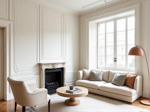 Photo d'un salon rénové dans un appartement Haussmannien parisien avec moulures et cheminée.